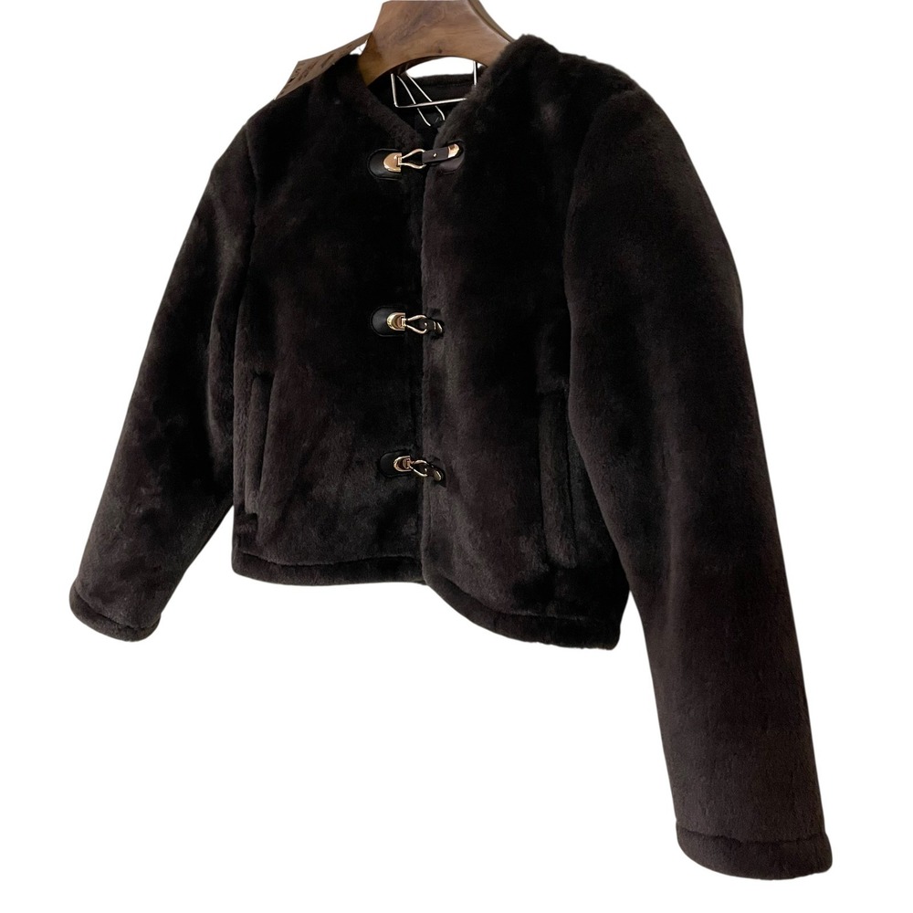Zara Womens Double Faced Faux Fur Toggle Crop Jacket Brown Cozy Luxury Minimal S - Picture 4 of 16